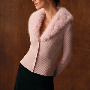 Casual Pink Women Faux Fur Shawl Collar Cardigan with Faux Pearls